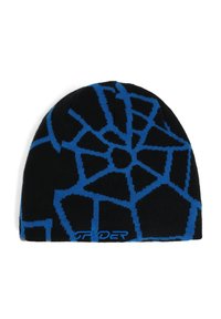 Bonnet en tricot noir avec un motif géométrique bleu. Il est doux, ajusté et arbore un logo "SPYDER" cousu en bas.