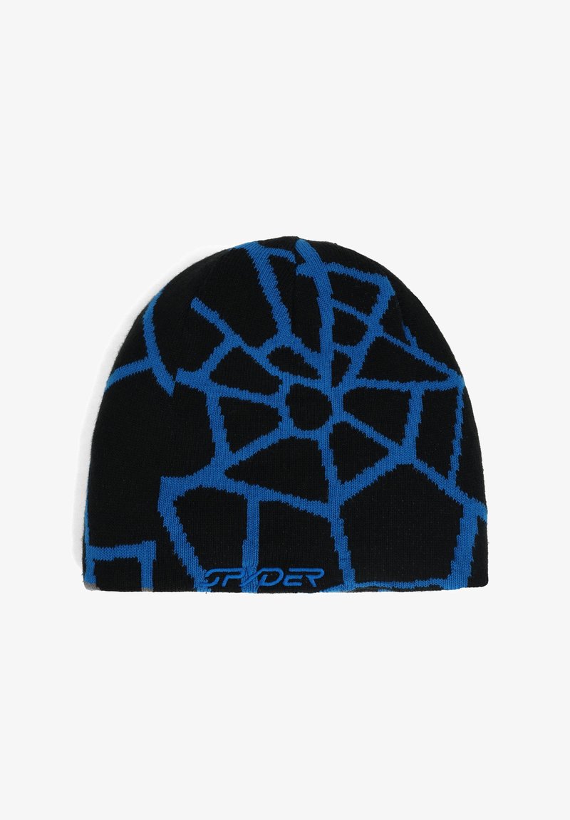 Gorro de punto negro con un patrón geométrico azul. Es suave, con un ajuste ceñido, y tiene el logo "SPYDER" bordado en la parte inferior.