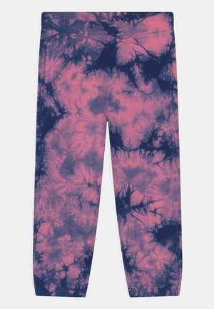 Tie-dye leggings med en blanding af pink og marineblå farver, lavet af blødt stof med en glat tekstur og en elastisk taljebånd.
