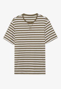 Olive green and white striped short-sleeve T-shirt with a round neckline and cross stitching detail on the chest area. Soft texture.