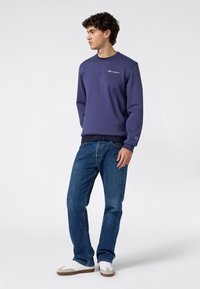 Joven de pie, vistiendo una sudadera Champion azul marino, jeans azules y zapatillas blancas, mirando hacia un lado sobre un fondo sencillo.