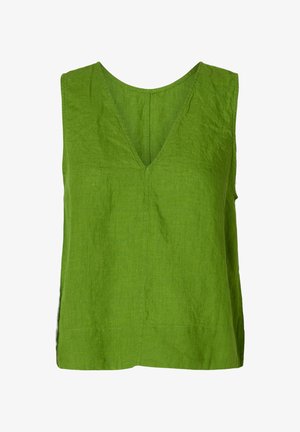 Zielony bezrękawnik z dekoltem w serek, wykonany z teksturowanej tkaniny, o luźnym kroju i prostych detalach w szwie.