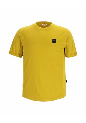 Tricou galben cu mâneci scurte, fabricat din bumbac. Prezintă o patch cu logo negru pe piept și mâneci răsucite. Textură netedă, cu decolteu rotund.