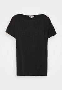 Black short-sleeve top with a loose fit. Features a round neckline and button accents on shoulders. Made from soft, lightweight fabric.