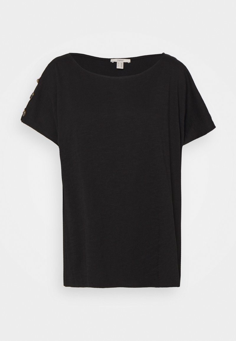 Black short-sleeve top with a loose fit. Features a round neckline and button accents on shoulders. Made from soft, lightweight fabric.