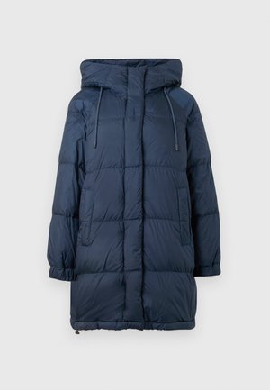 Navy puffer jacket with a hood, featuring quilted panels, elastic cuffs, and two side pockets. Made of smooth, water-resistant material.
