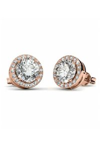 Orecchini rotondi con una pietra centrale chiara circondata da piccole pietre decorative, montati in metallo rosa oro.