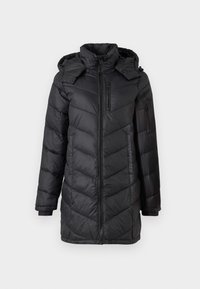 Doudoune noire avec un col haut, devant zippé et couture en chevrons. Elle dispose de poches latérales et d'une capuche amovible.