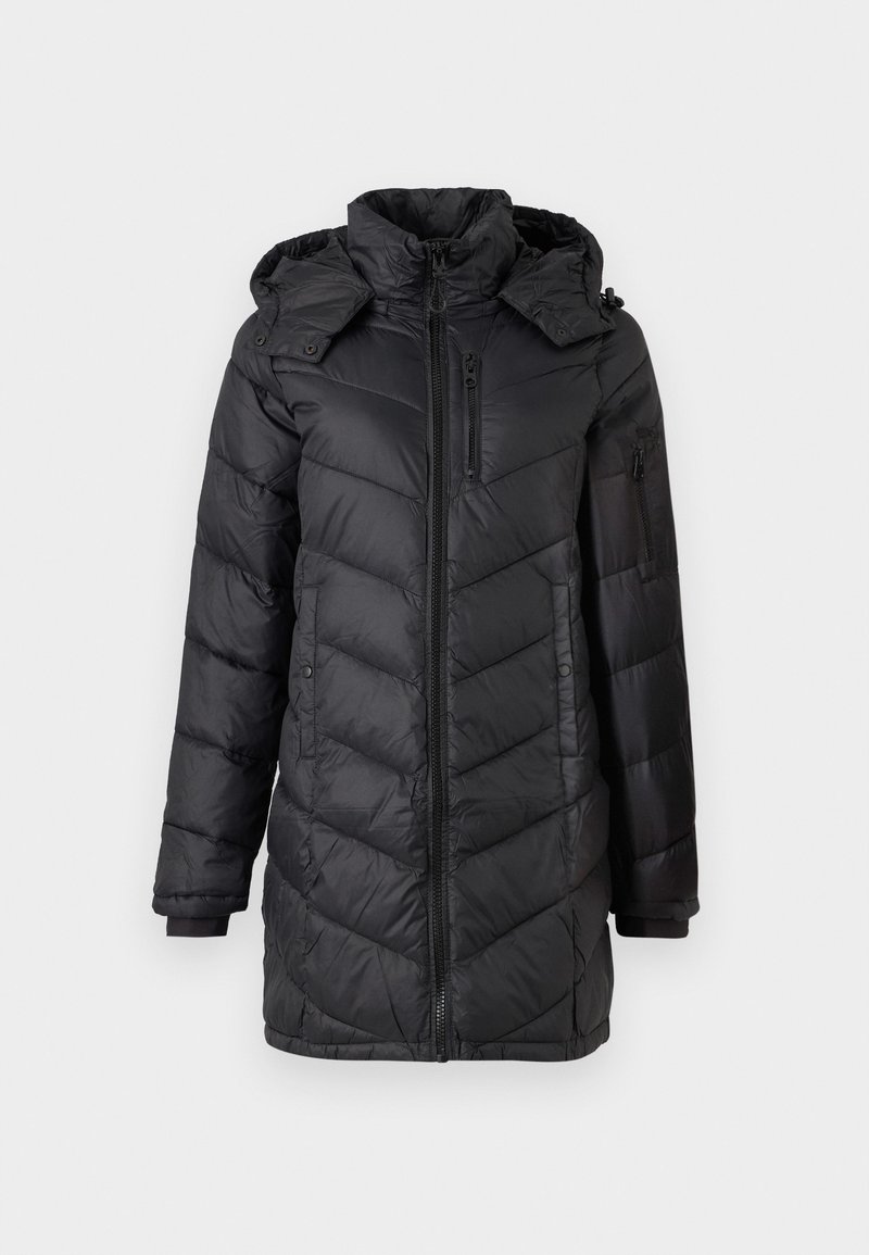 Schwarze Daunenjacke mit hohem Kragen, Reißverschluss vorne und Chevron-Steppung. Verfügt über seitliche Taschen und eine abnehmbare Kapuze.