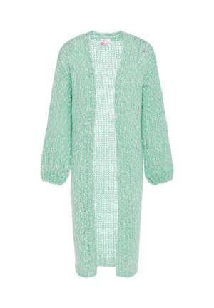 Mintgrøn cardigan med åben front, hæklestrik, med lange ærmer og løs pasform, vist mod en hvid baggrund.