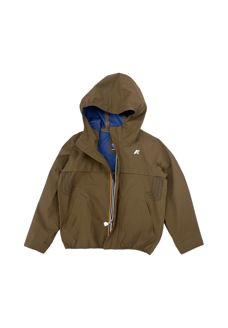 Giacca cappuccio marrone con fodera interna blu, zip frontale e cuciture decorative laterali. Realizzata in materiale leggero.