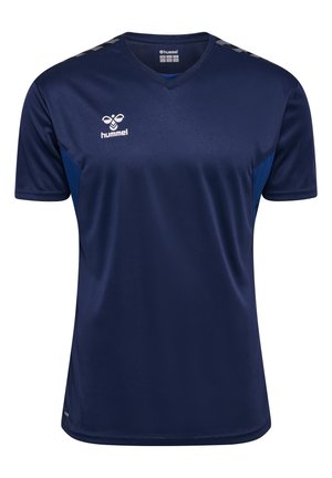 Marineblaue Sportjersey mit V-Ausschnitt, aus glattem synthetischem Stoff gefertigt. Besitzt hellblaue Akzente an den Seiten und ein Logo auf der Brust.