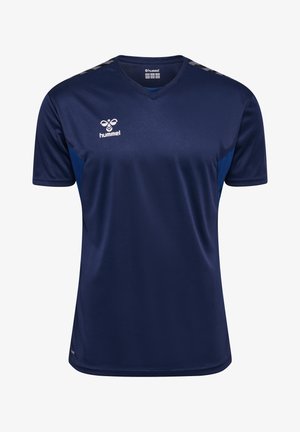 Marineblå atletisk trøje med V-hals, lavet af glat syntetisk stof. Har lysere blå detaljer på siderne og et logo på brystet.