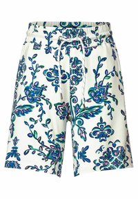 Pantalones cortos con estampado floral en blanco, que presentan intrincados diseños en azul, verde y rosa, con una cintura elástica y cordón ajustable.