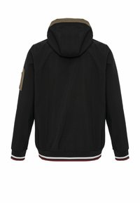 Zwarte jas met een capuchon, contrasterende olijfgroene bies aan de kraag, elastische manchetten met gestreepte accenten en een zak met patch op de mouw.