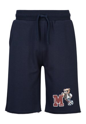 Marineblaue Shorts mit Kordelzug am Bund, Seitentaschen und einer Grafik eines Bären mit Sonnenbrille und Collegejacke neben einem großen Buchstaben M.