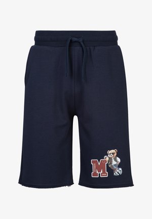 Marineblaue Shorts mit Kordelzug am Bund, Seitentaschen und einer Grafik eines Bären mit Sonnenbrille und Collegejacke neben einem großen Buchstaben M.