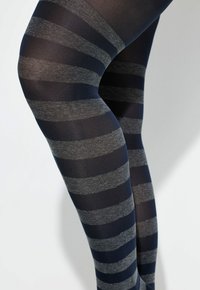 Collant a righe con strisce opache e trasparenti alternate in blu navy e grigio. Texture liscia con un design aderente.
