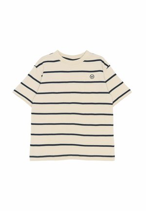 Beige kortærmet t-shirt med marineblå vandrette striber, ribbet halsudskæring og et lille logo på venstre brystområde.