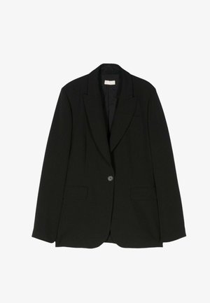 Blazer nero in tessuto morbido, caratterizzato da revers a crudo, chiusura con un bottone, due tasche frontali e una silhouette sartoriale.