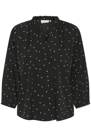 Schwarze Bluse mit weißen Punkten, mit V-Ausschnitt und gerafftem Dekolleté. Lange Ärmel mit elastischen Bündchen. Aus leichtem Stoff gefertigt.
