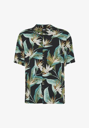 Camicia nera a maniche corte con bottoni e grande stampa floreale tropicale uccello del paradiso nei toni del verde, bianco e arancione.