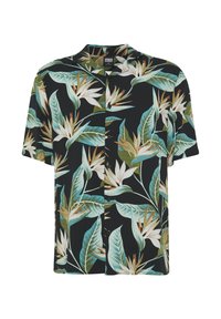 Black short-sleeve button-up shirt with large tropical bird of paradise floral print in green, white, and orange tones.
