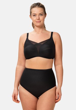 Sujetador inalámbrico negro con panel de malla y tirantes anchos, combinado con braguitas negras de talle alto. Textura suave y diseño sin costuras.