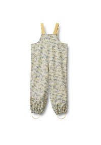 Pantalones de jardín con estampado floral en una tela beige clara, con tirantes amarillos ajustables, puños elásticos y prácticos lazos para los pies.