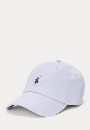 Light purple baseball cap with curved brim and navy blue embroidered polo player logo on front center.