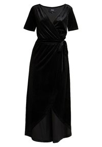 Schwarzes Samt-Wickelkleid mit kurzen Ärmeln, tiefem V-Ausschnitt und einem Taillengürtel. Hat einen Schlitz vorne und eine glatte Textur.