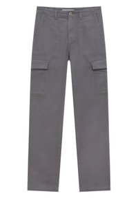 Grå cargo bukser med lige ben design, der har to sidelommer og to cargo lommer, lavet af et slidstærkt bomuldsblandingsmateriale.