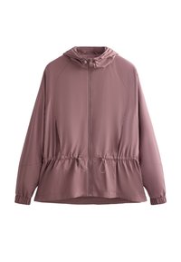 Letvægts, hættejakke i mauve, der har en frontlynlås, elastiske manchetter og en snøre i kanten for justerbarhed. Glat tekstur, subtil glans.