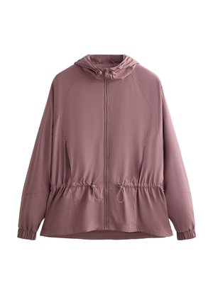 Lichte, hooded jas in mauve, met een rits aan de voorkant, elastische manchetten en een aantrekkoord aan de onderkant voor aanpassingsmogelijkheden. Gladde textuur, subtiele glans.