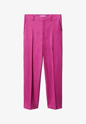 Pantalones de lino rosa de corte recto, con pliegues, bolsillos laterales y una textura suave. Diseñados con una cintura de altura media.