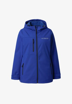 Blauwe softshell jas met capuchon, grijze accenten, ritszakken en een ritssluiting aan de voorkant. Voorzien van een logo op de borst.