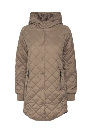 Quiltad brun pufferjacka med huva, med tryckknappar, två zip-fickor på sidan och ribbade ärmslut. Slät textur, knälång design.