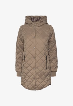 Quilted brown puffer coat with a hood, featuring snap buttons, two zippered side pockets, and ribbed cuffs. Smooth texture, knee-length design.