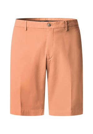 Miesten lohenväriset polvimittaiset shortsit, joissa on vyölenkit, napillinen kiinnitys ja suora etumalli.