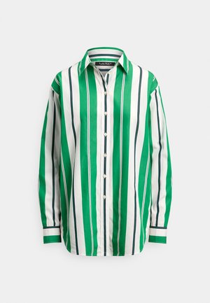 Zelena in bela črtasta majica z dolgimi rokavi in ovratnikom na gumbe. Na črtah so ozki modri poudarki, majica ima bele gumbe. Bombažna tkanina.