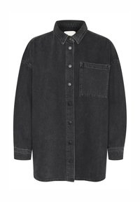 Black denim shirt with a button-up front, long sleeves, single chest pocket, and contrasting stitching. Classic collar design and relaxed fit.