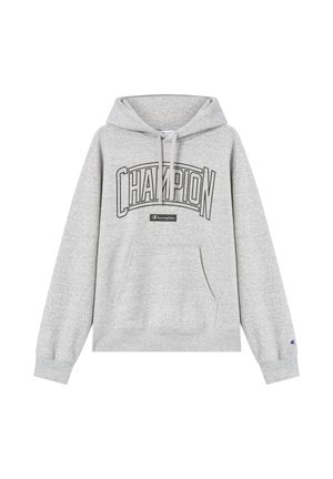Szara bawełniana bluza z kapturem z dużym nadrukiem "CHAMPION" na klatce piersiowej, przednią kieszenią, kapturem ze sznurkiem oraz ściągaczami na mankietach i dole.