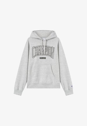 Szara bawełniana bluza z kapturem z dużym nadrukiem "CHAMPION" na klatce piersiowej, przednią kieszenią, kapturem ze sznurkiem oraz ściągaczami na mankietach i dole.