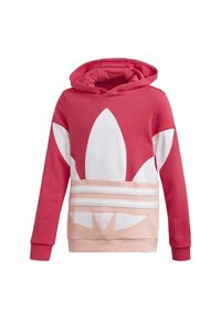 Red hoodie with white and pale pink accents, featuring an oversized leaf design on the front and three horizontal stripes at the bottom.