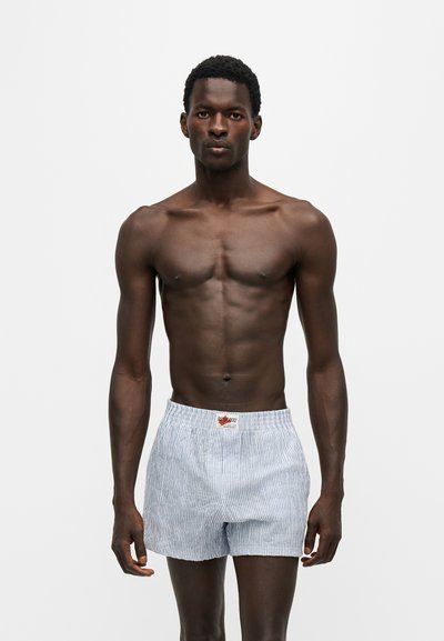 Homme athlétique debout, face à l'avant, portant un boxer rayé bleu clair et blanc sur un fond clair uni.