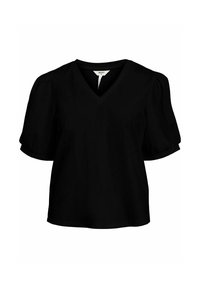 Blouse noire à manches courtes avec un col en V, manches ballon froncées et une coupe décontractée. Confectionnée dans un tissu doux, elle ne comporte ni motifs ni ornements.