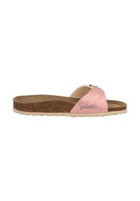 Rosa halksandaler med en glansig ovansida, korkfotbädd och texturerad gummisula. Varumärket "palado" är tryckt på sidan.