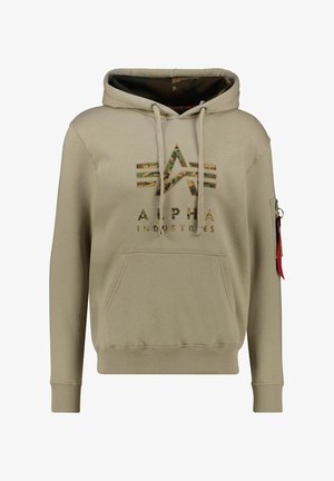 Tan hoodie with a front kangaroo pocket, drawstrings, and a camouflage printed logo. Features ribbed cuffs and hem, with a side zipper pocket.