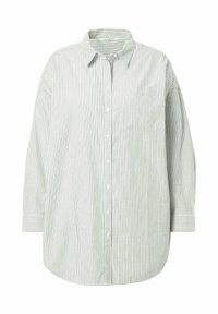 Striped button-up shirt in light green and white. Features a collar, long sleeves, and a chest pocket. Made of lightweight fabric.