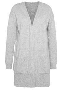 Grå kardi med V-hals, långa ärmar och framfickor. Tillverkad av mjukt, texturerat material med en avslappnad passform och öppen framsida.